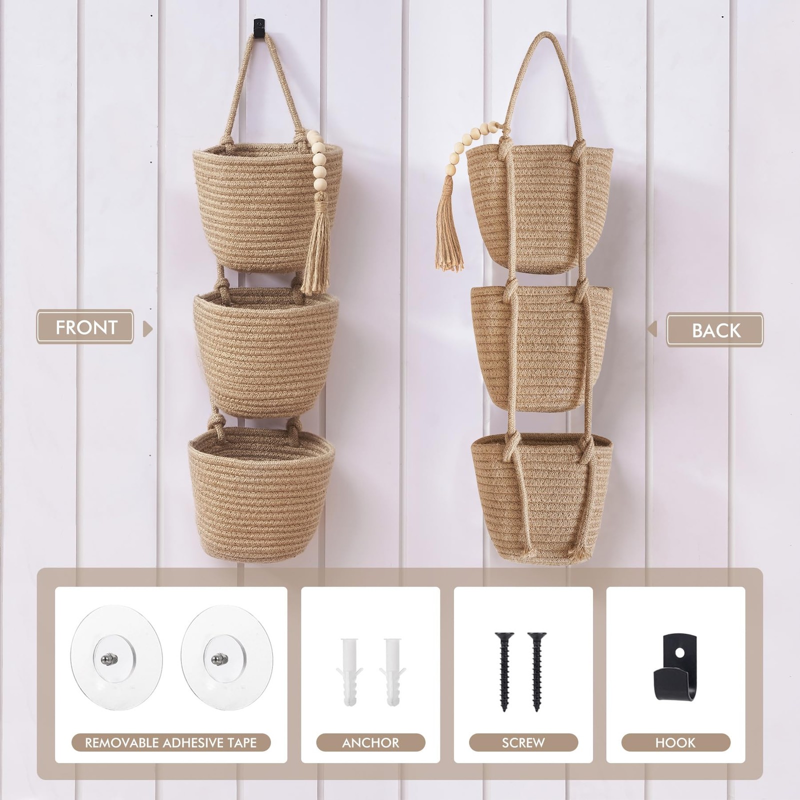 Fabric Wall Hanging Organizers - Small Woven Baskets Pouches Set Boho Style W...