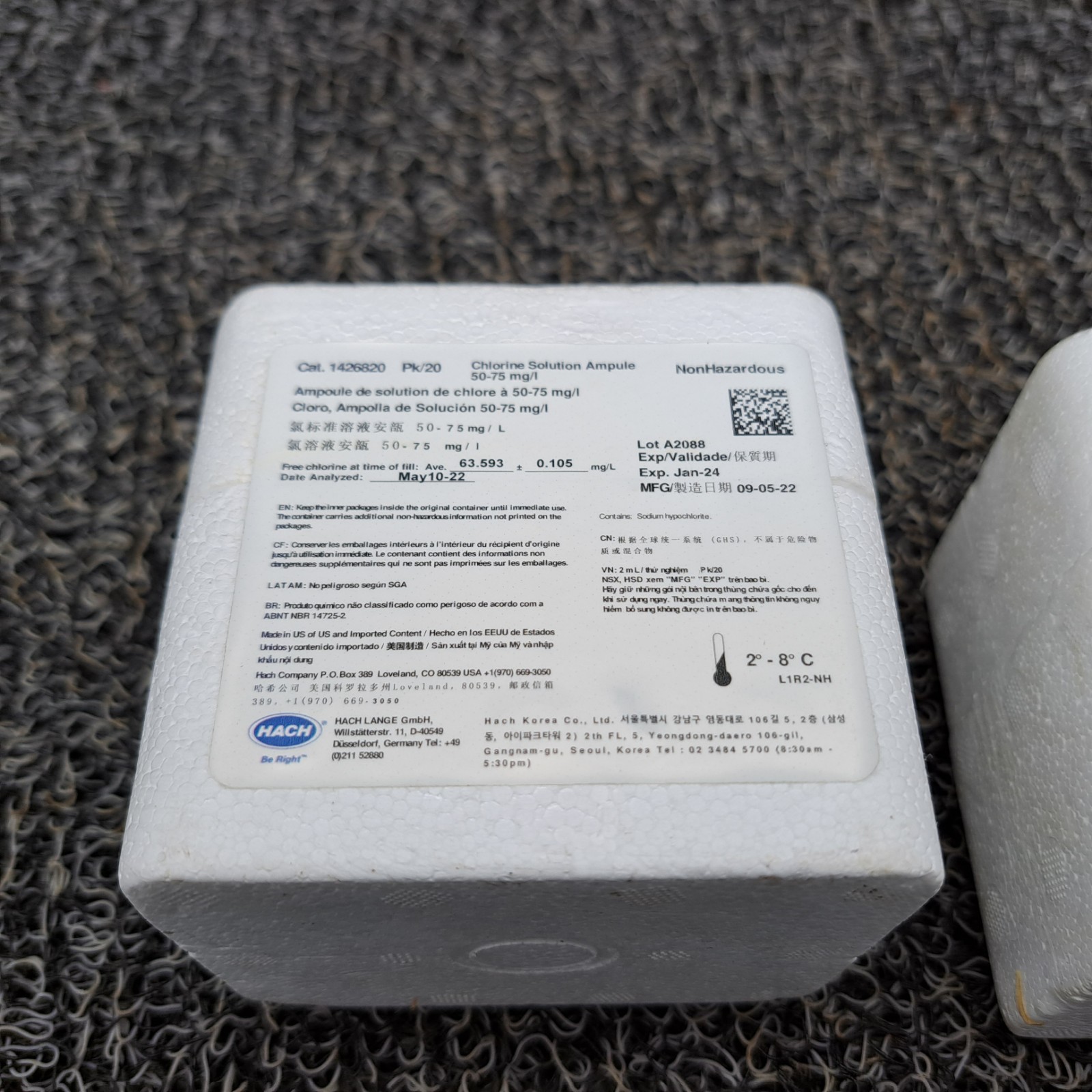 Hach® 2630020 Chlorine Std. Solution, 25-30mg/L as Cl₂, 2mL Ampules. Outdated