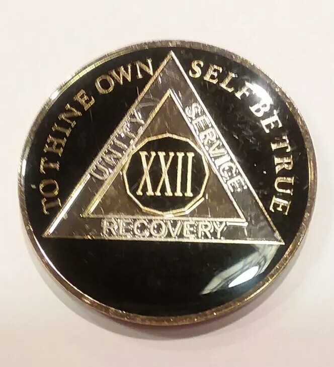 22 Year AA Coin BLACK Enamel, Gold, Silver 1⅜" Traditional Size Recovery XXII