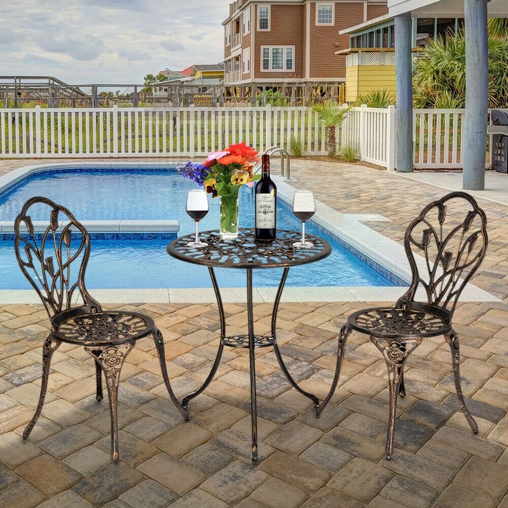 3 PCS Bistro Set Antique Outdoor Patio Furniture Leaf Design Cast Aluminum Home