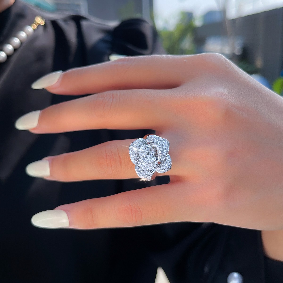 Silver Plated Cubic Zirconia Micro Paved Rose Flower Adjustable Ring for Women