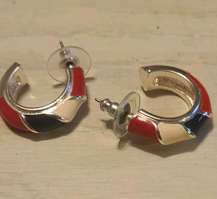 Vintage Silver Tone Red White And Blue Enamel Hoop Earrings