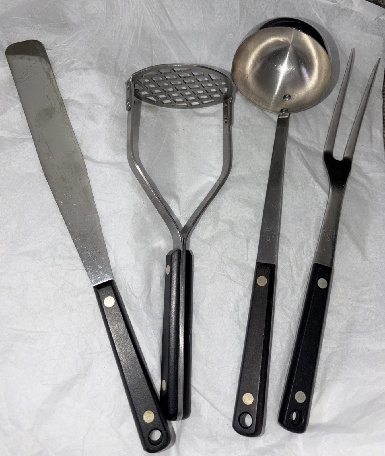 Vintage Flint Kitchen Utensils, Masher, Ladle, Fork & Spreader Lot Of 4,USA Made