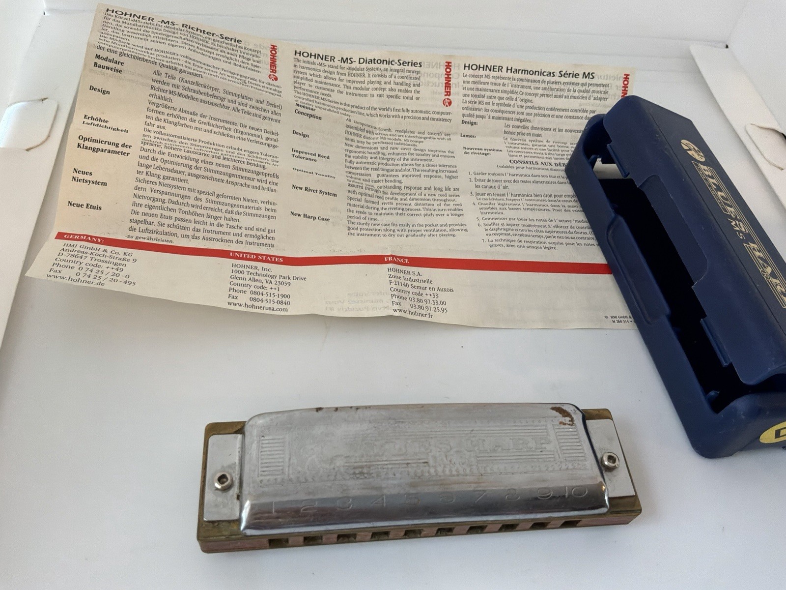 Hohner Blues Harp MS 532/20 Key D Diatonic Harmonica Germany w/ Case & Manual