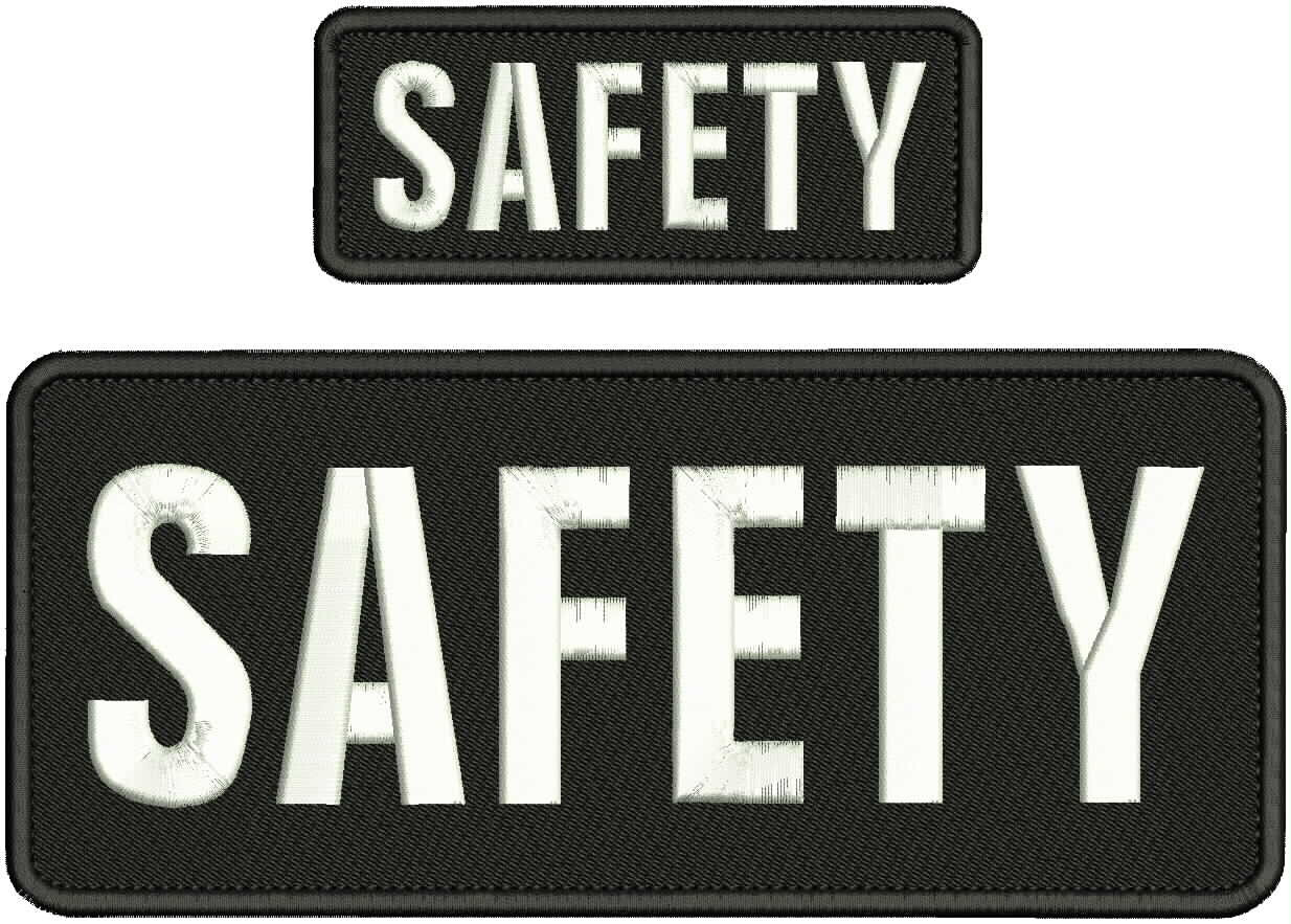 SAFETY EMBROIDERY PATCH 4X10  AND 2X5 HOOK ON BACK WHITE ON BLACK