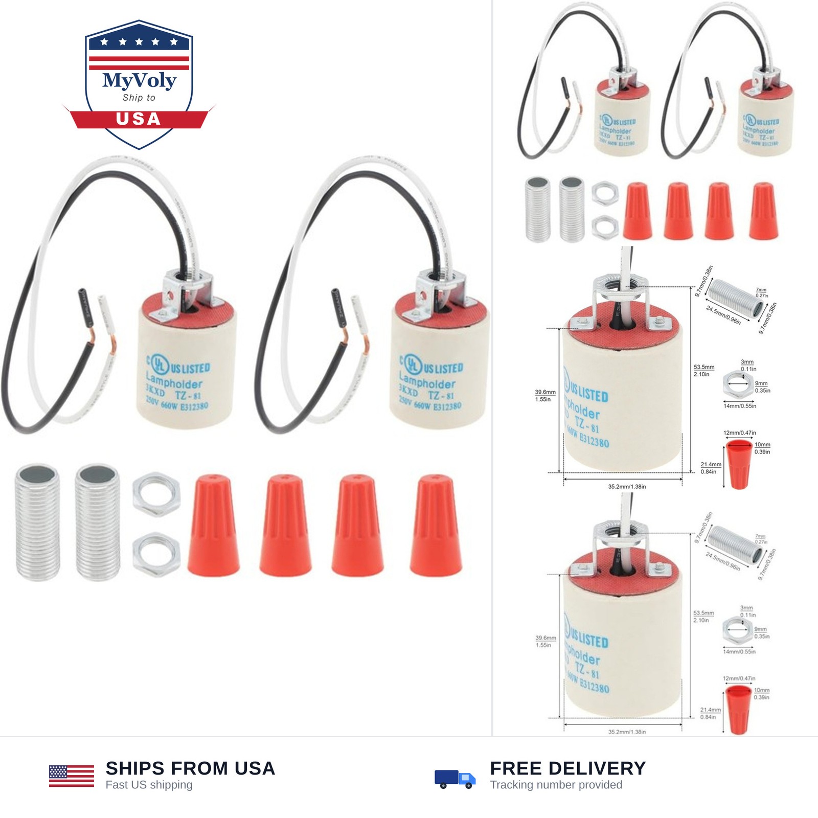 RTNLIT Ceramic E26 Light Socket with 10" Wire Lead, 2-Pack | Standard Medium ...