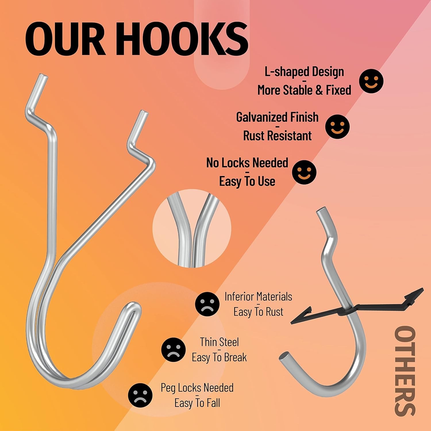 40 Pack Pegboard Hooks J-Hook – 1 Inch Silver J Hooks for Pegboard – Heavy Du...