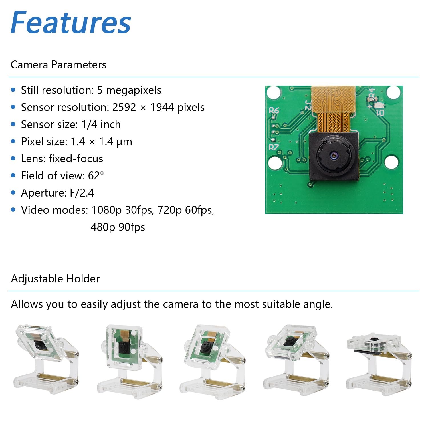 5MP Camera Raspberry Pi 5/4B/3B+/A+/Zero 2 W Adjustable Holder Ribbon 62