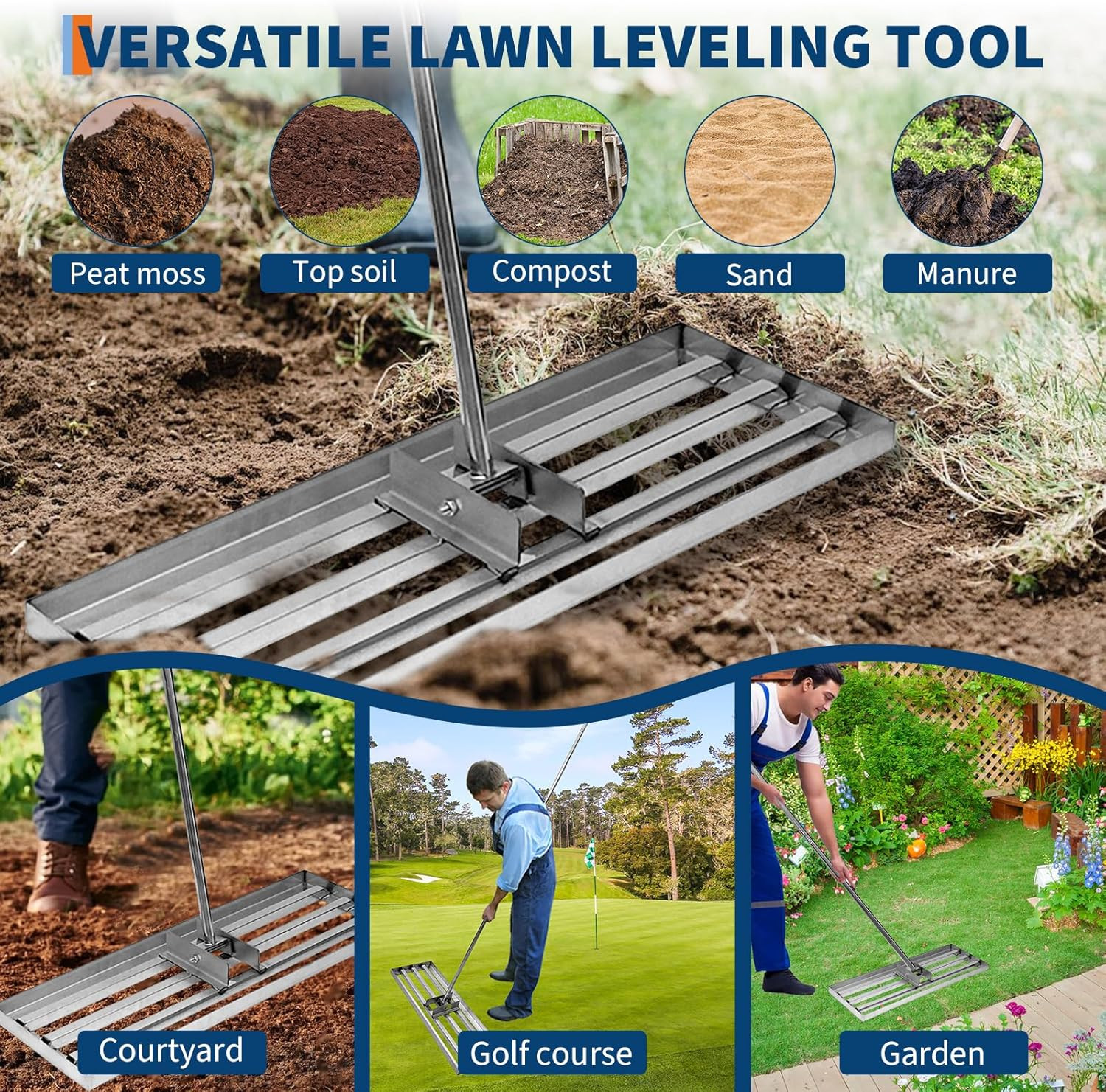 Adjustable Stainless Steel Lawn Leveling Rake for Perfect Yard Care