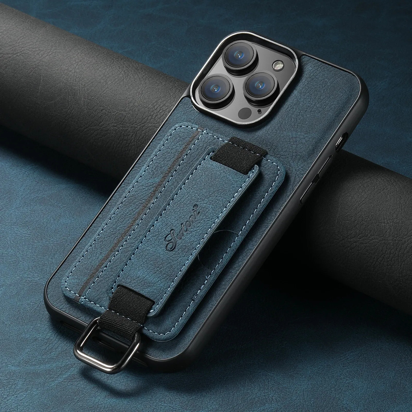 Color: Blue, Material: Carbon Fiber - SUTENI Lychee skin print wrist strap card