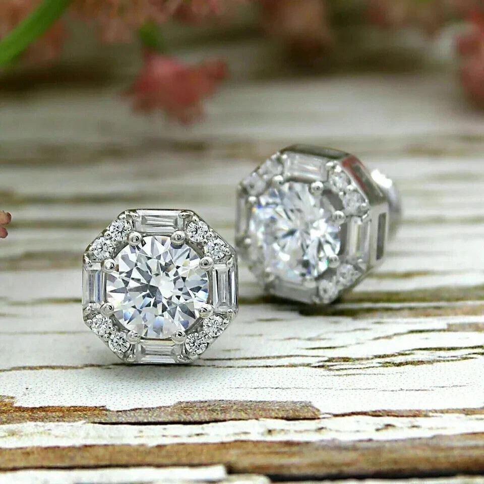 14k White Gold Plated 2Ct Round Cut Lab Created Diamond Halo Stud Earrings Gift