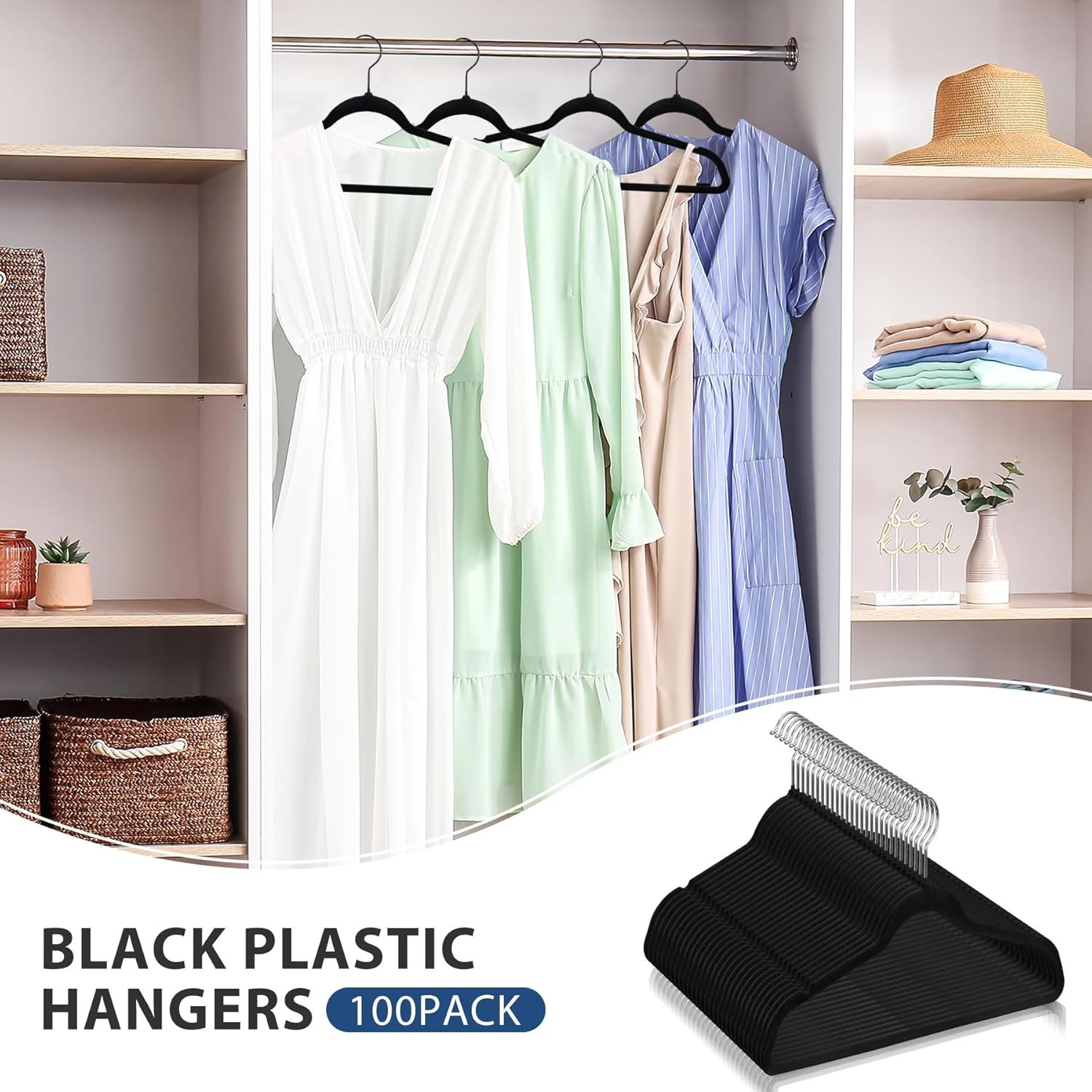 Premium Clothes Hanger Slim Non-Slip Notched for Suits - Black (100 Pack)