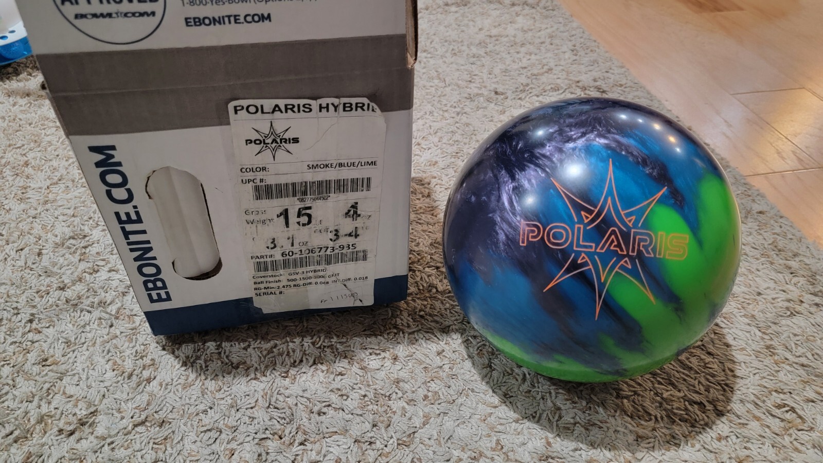 Ebonite Polaris Hybrid Bowling Ball 1st Quality | 15 Pounds | 3-4" Pin 3.1oz TW