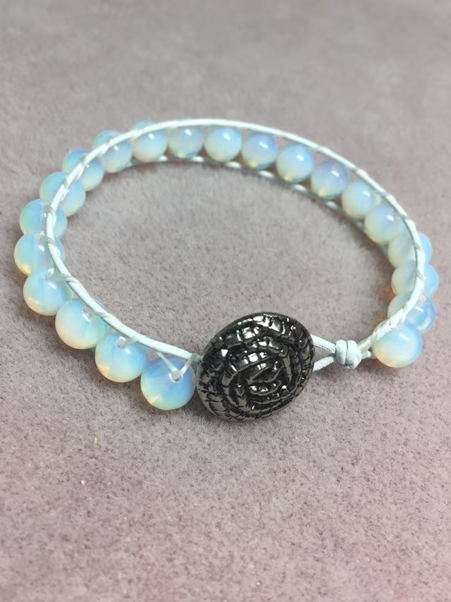 HANDMADE Moonstone Bracelet 8” Single Leather Wrap Bracelet Opalite