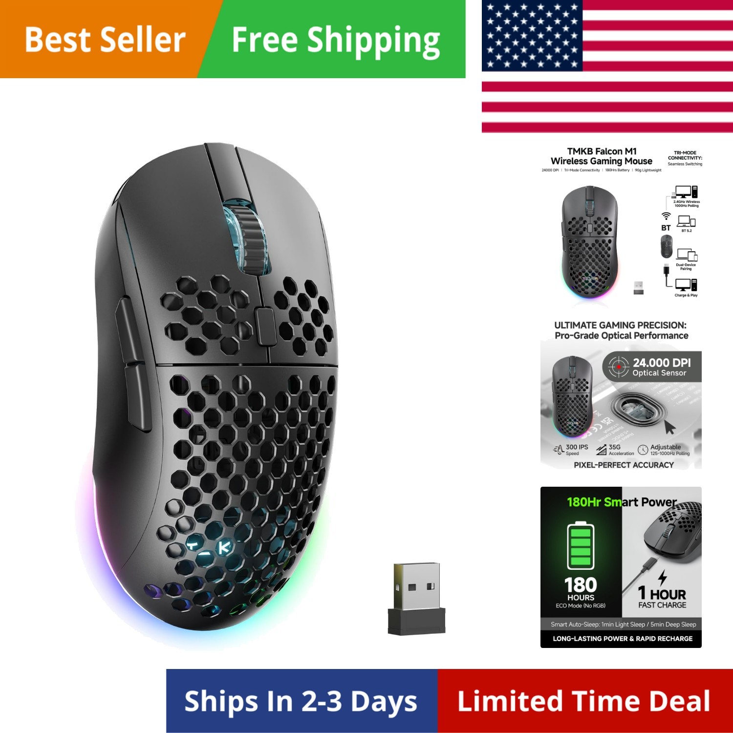TMKB Wireless Gaming Mouse, 24000DPI Optical Sensor, 180Hrs Battery, Lightwei...