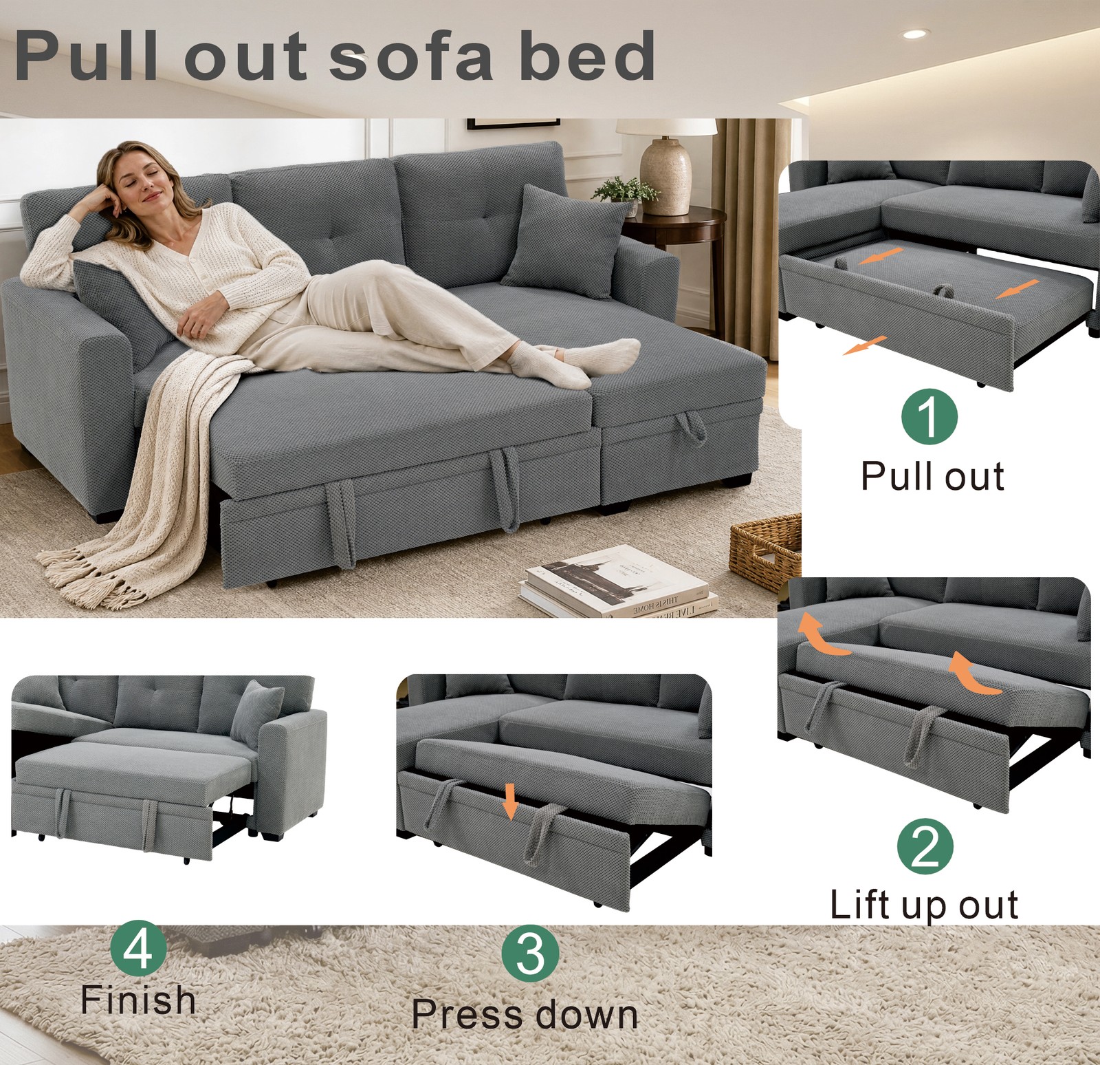 L-Shaped Sofa Sectional Loveseat Couch Convertible Sleeper Sofa w/Pull-Out Bed