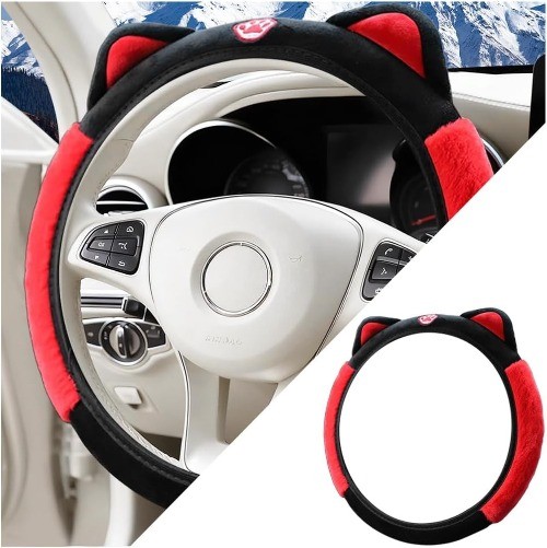 Fluffy Soft Plush Steering Wheel Cover with Kitty Ears, Elast Color: Black Red