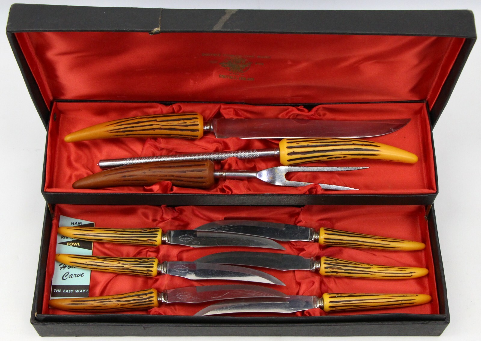 E. Parker Sheffield Stainless Cutlery Carving Set Knife Fork Sharpener 6 Knives