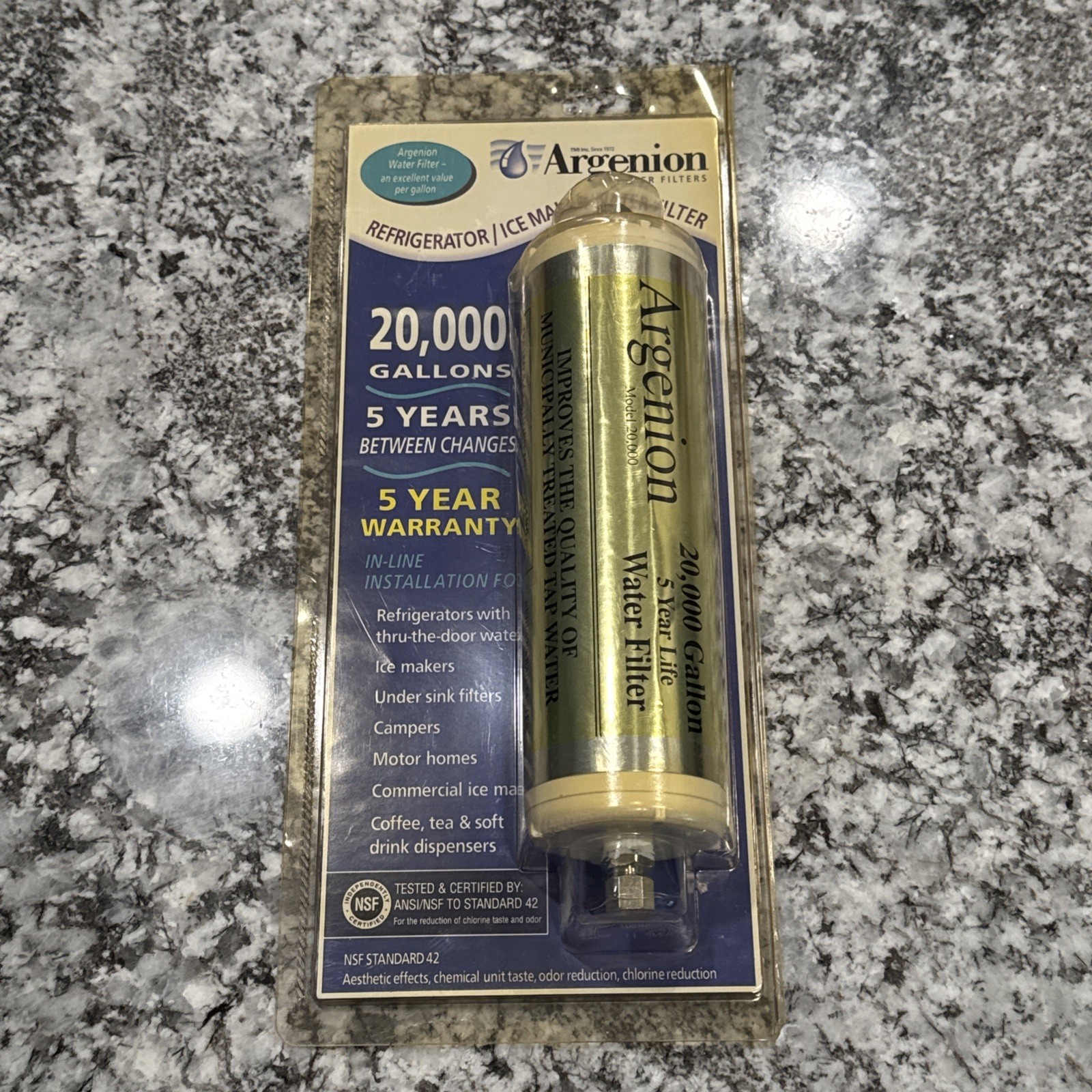 Argenion 20,000 Gal. Refrigerator In-line Water Filter 5 Yr. NEW SEALED Yellowed