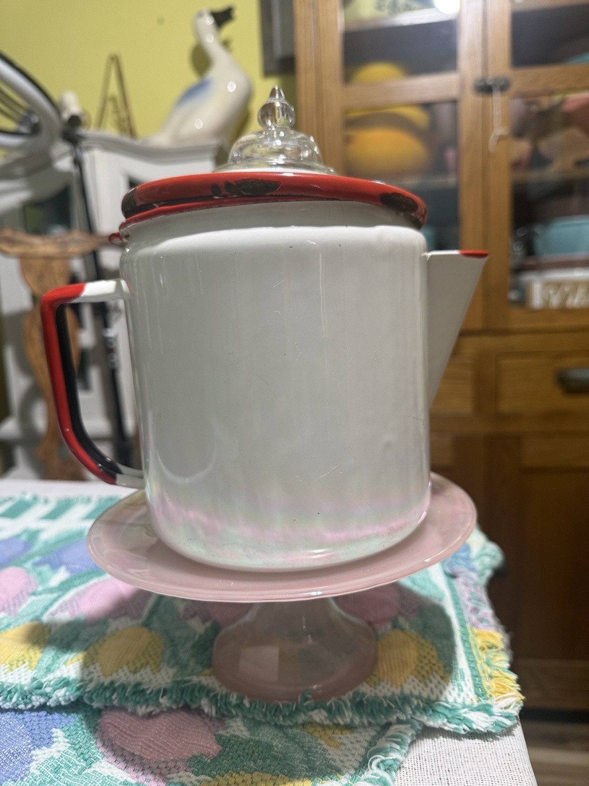 vintage white Red Trim enamelware coffee percolator