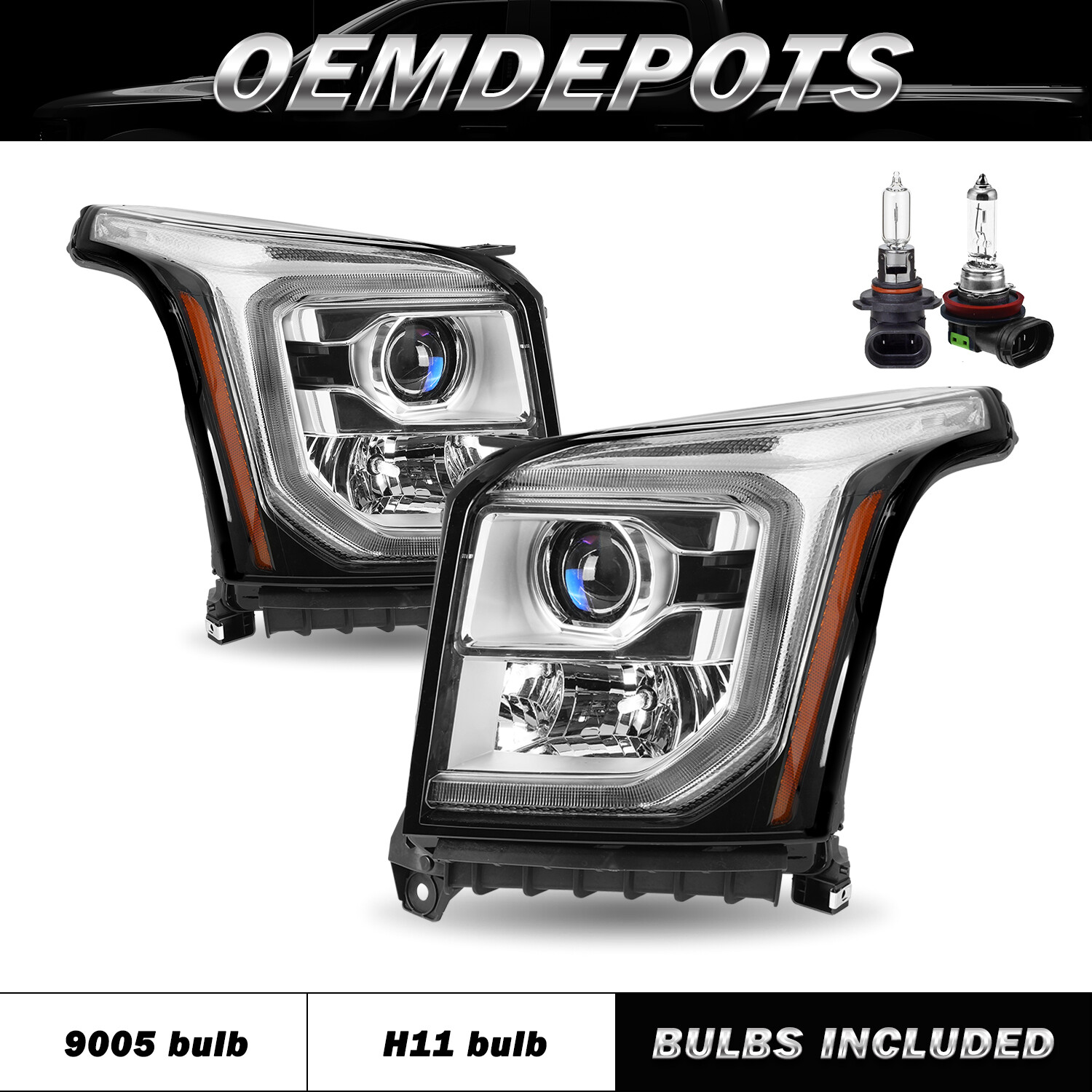 [Halogen Style] Lamps For 2015-2020 GMC Yukon w/ LED DRL Headlights Assembly L+R