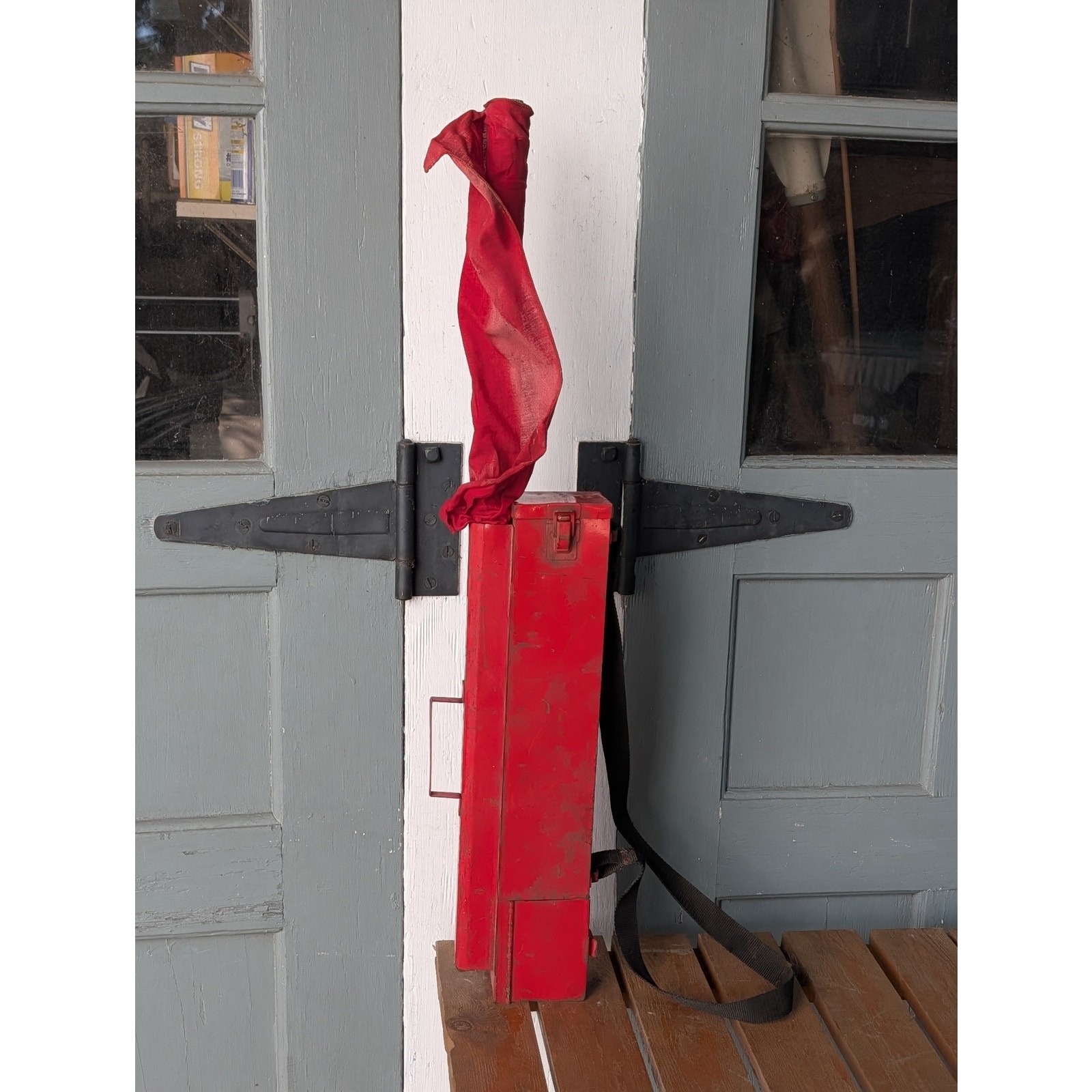 Vintage Red Canvas Surveyor Flag Kit w/ Wooden Pole & Metal Carry Case 35"
