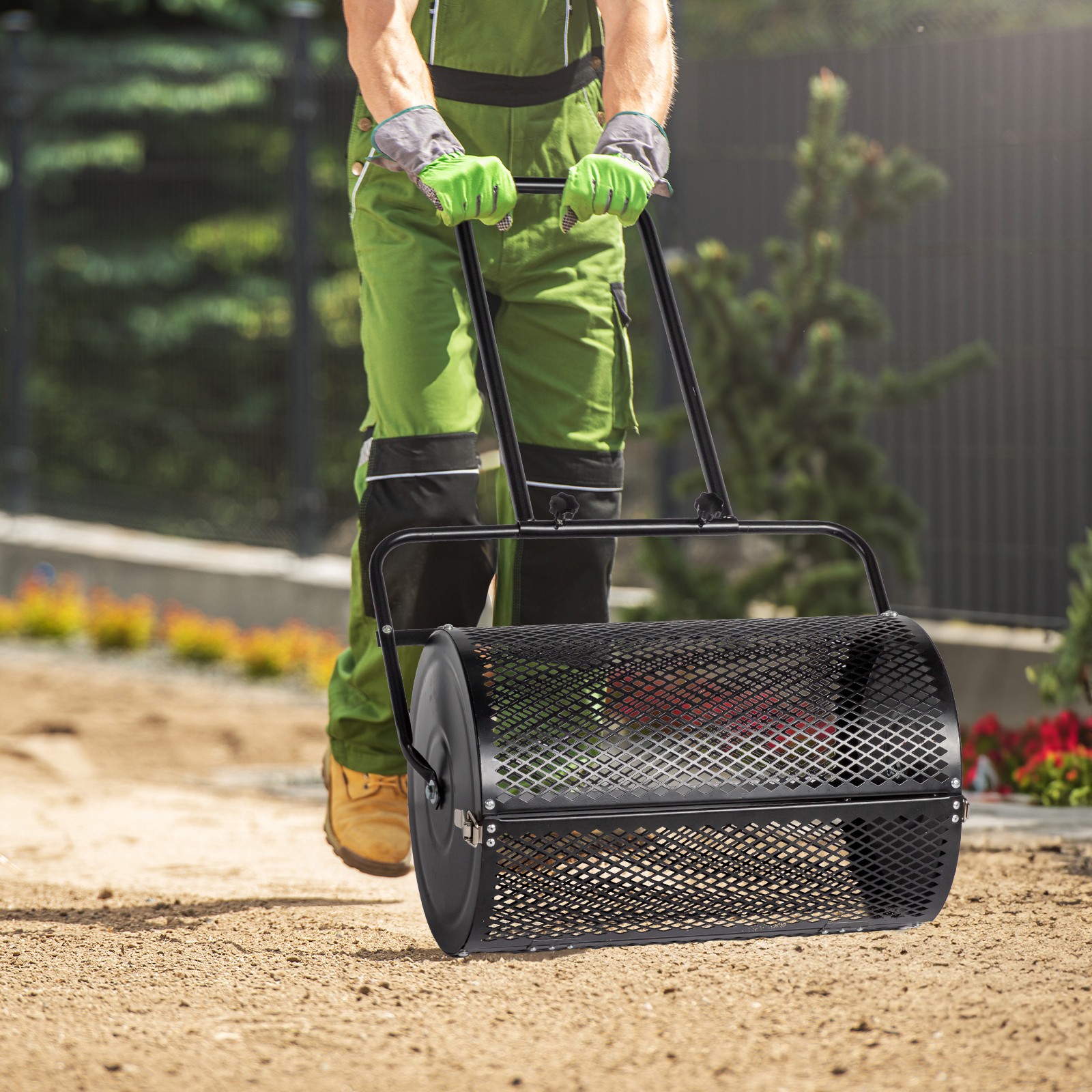 24" Compost Spreader Peat Moss Spreader Push/Tow-Behind Roller