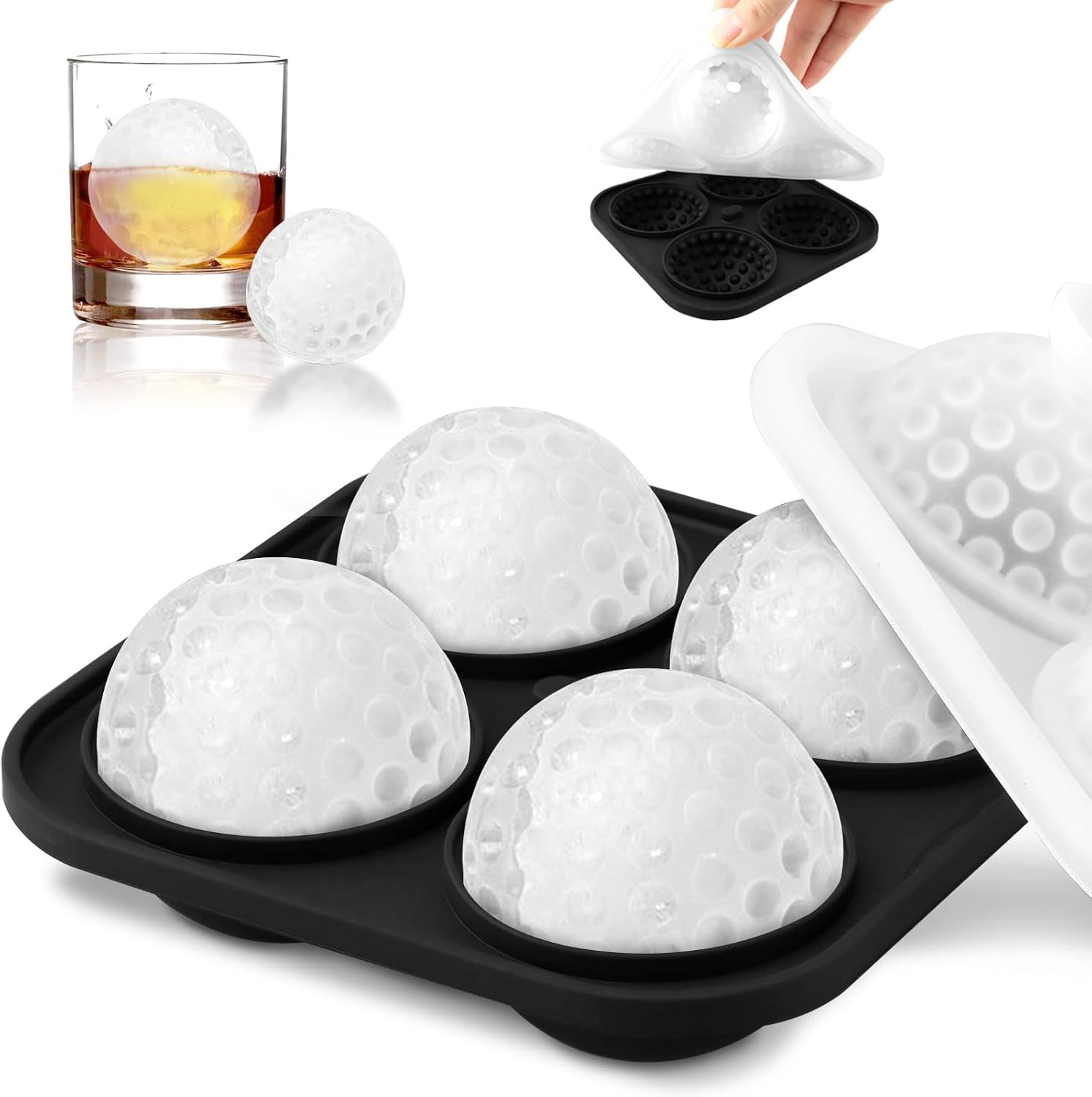 Ice Ball Maker Mold, 2 Inch Large Golf Ball Ice Tray with Funnel, 4 Hole Round