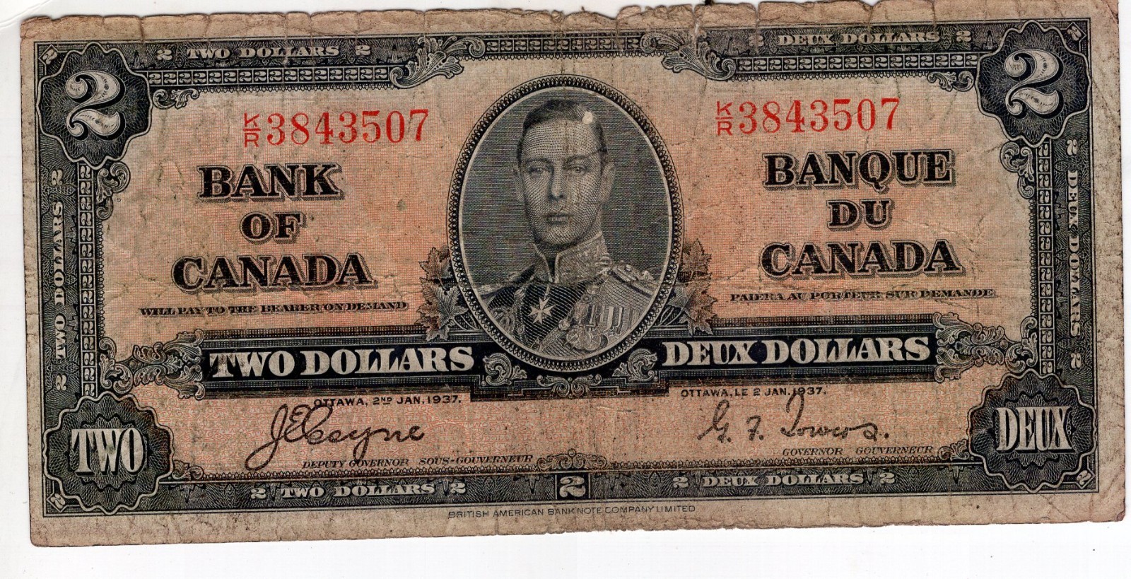 Bank of Canada 1937 $2 Two Dollars Coyne-Towers K/R Prefix VG+