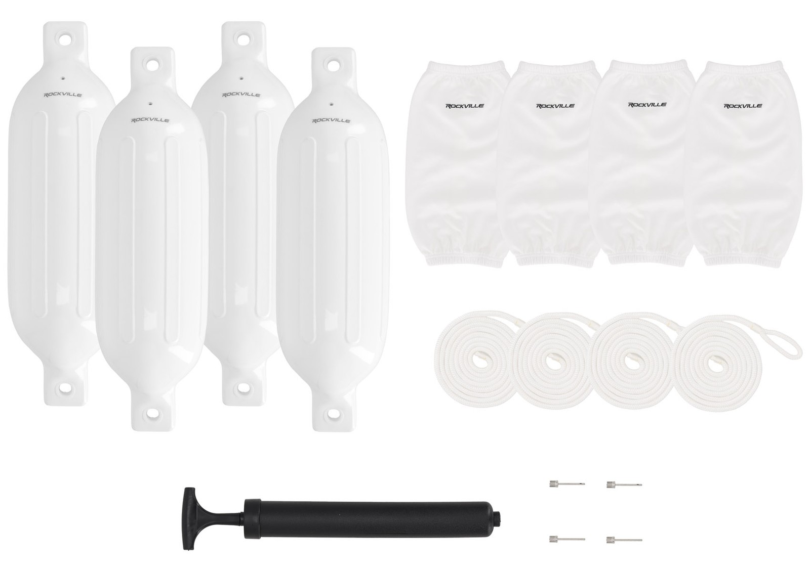 Rockville FEN465-WHITE Boat Fender Package 4 Bumpers 6.5"x23", 4 Covers, 4 Lines