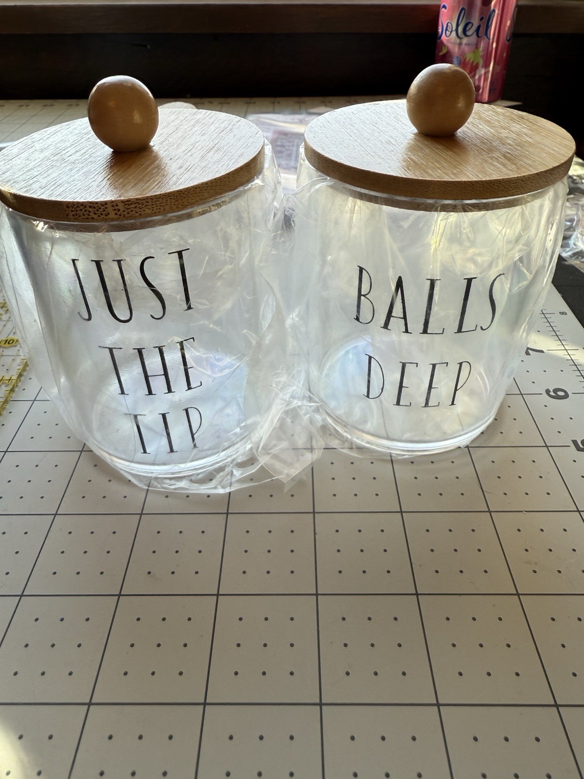 Bathroom canisters Storage Cotton Balls Deep Q Tips Plastic Wood Lid Never Used
