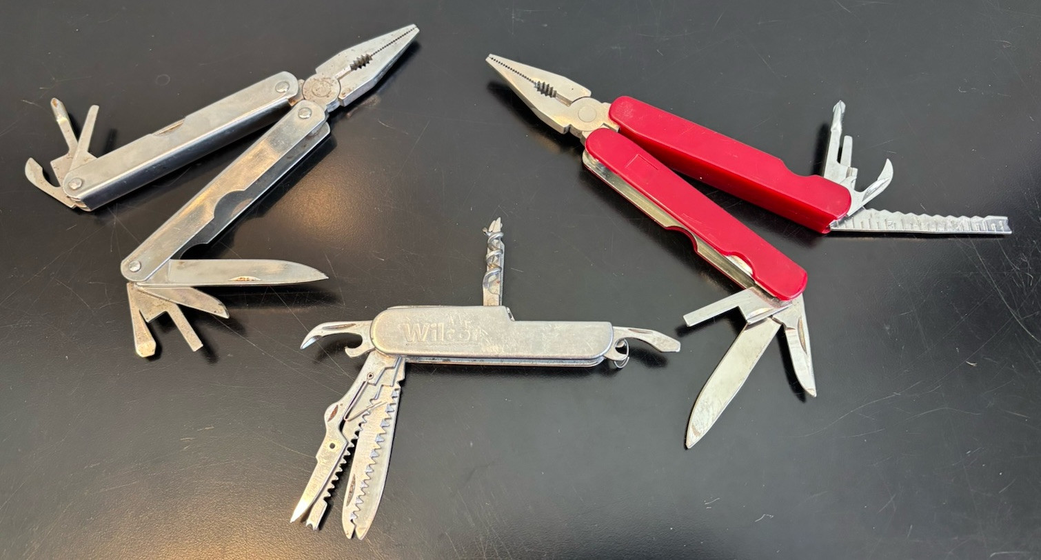 Lot Of 3 Camping Hunting Multi Tool Knives Stainless China & Wilcor Silver & Red