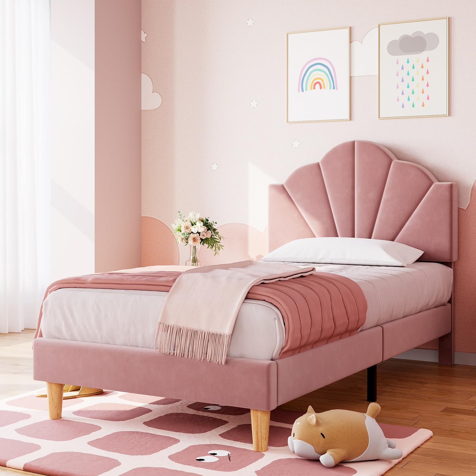 Twin Bed Frame for Kids ,Modern Headboard Velvet Upholstered Platform Bed Frame
