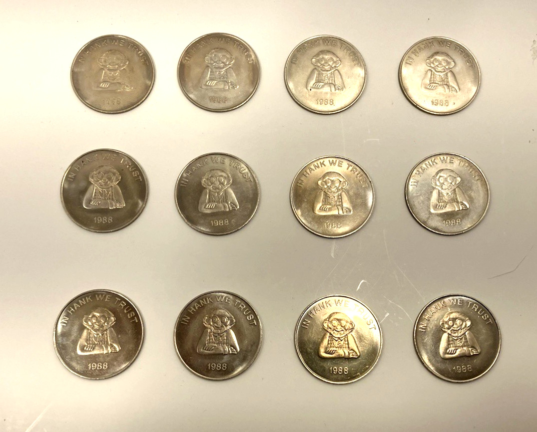 Vintage lot of 12 Hank Lee Coins Magic Tokens "IN HANK WE TRUST" Rare 1988