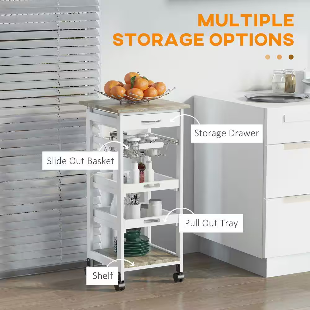 5-Tier Solid Wood 4-Wheeled Mobile Kitchen Cart with Storage, Wire Fruit Baskets
