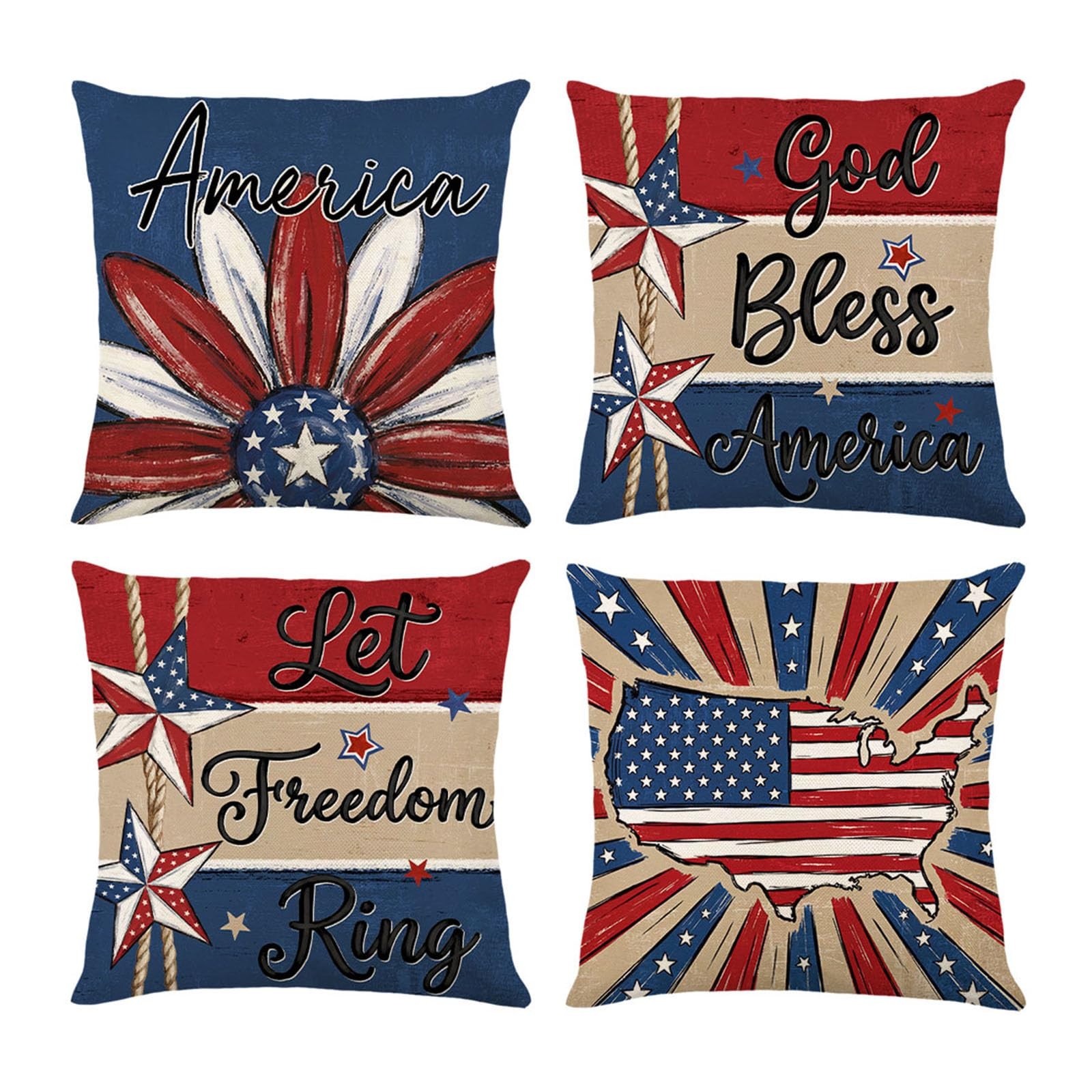 4th of July Pillow Covers 18x18 Inch, Set of 4 18" x 18" (Pack of 4) Patriotic