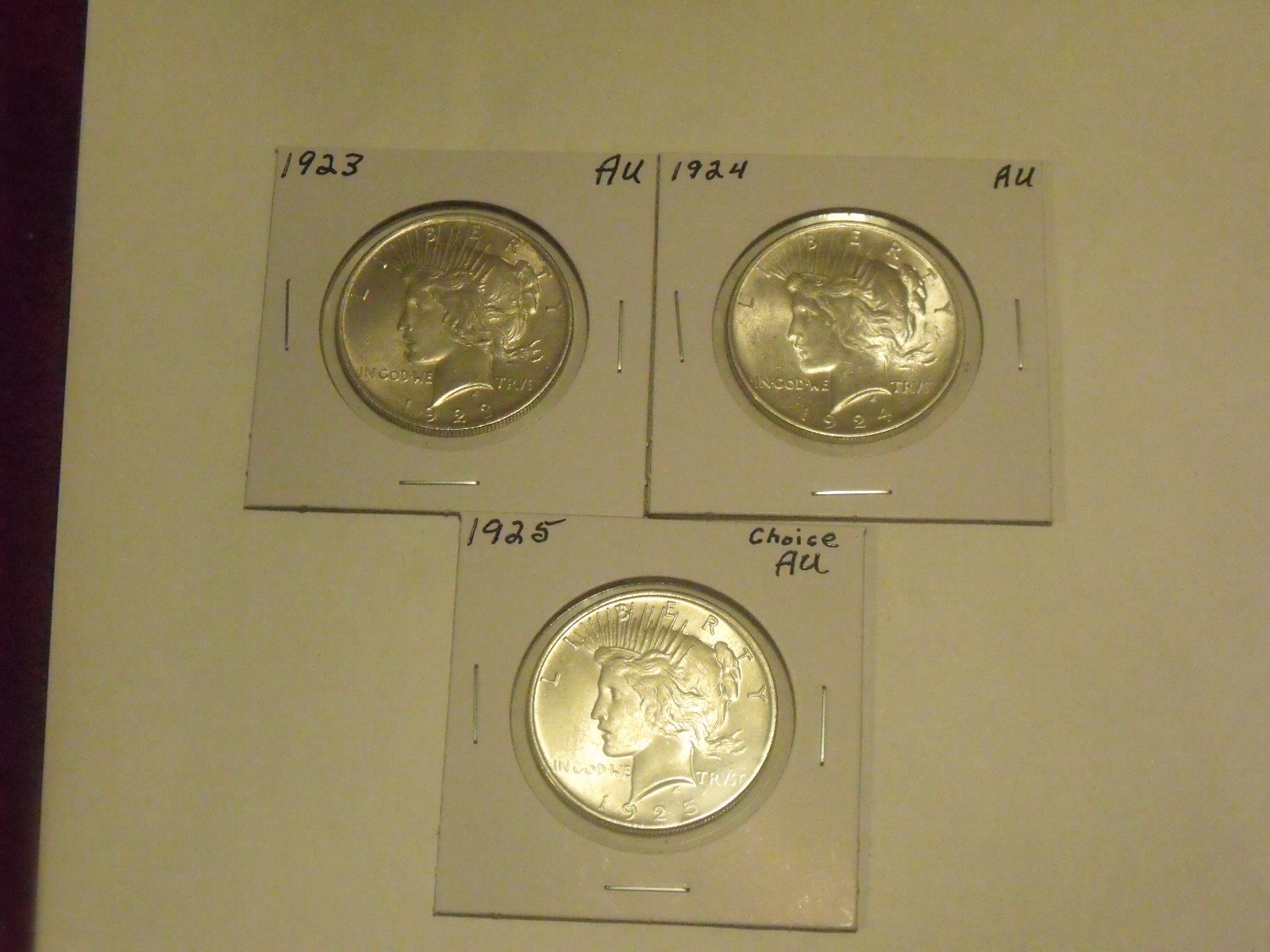 Silver 1922-1923-1924  Peace Dollars (3 coins) Very nice AU condition