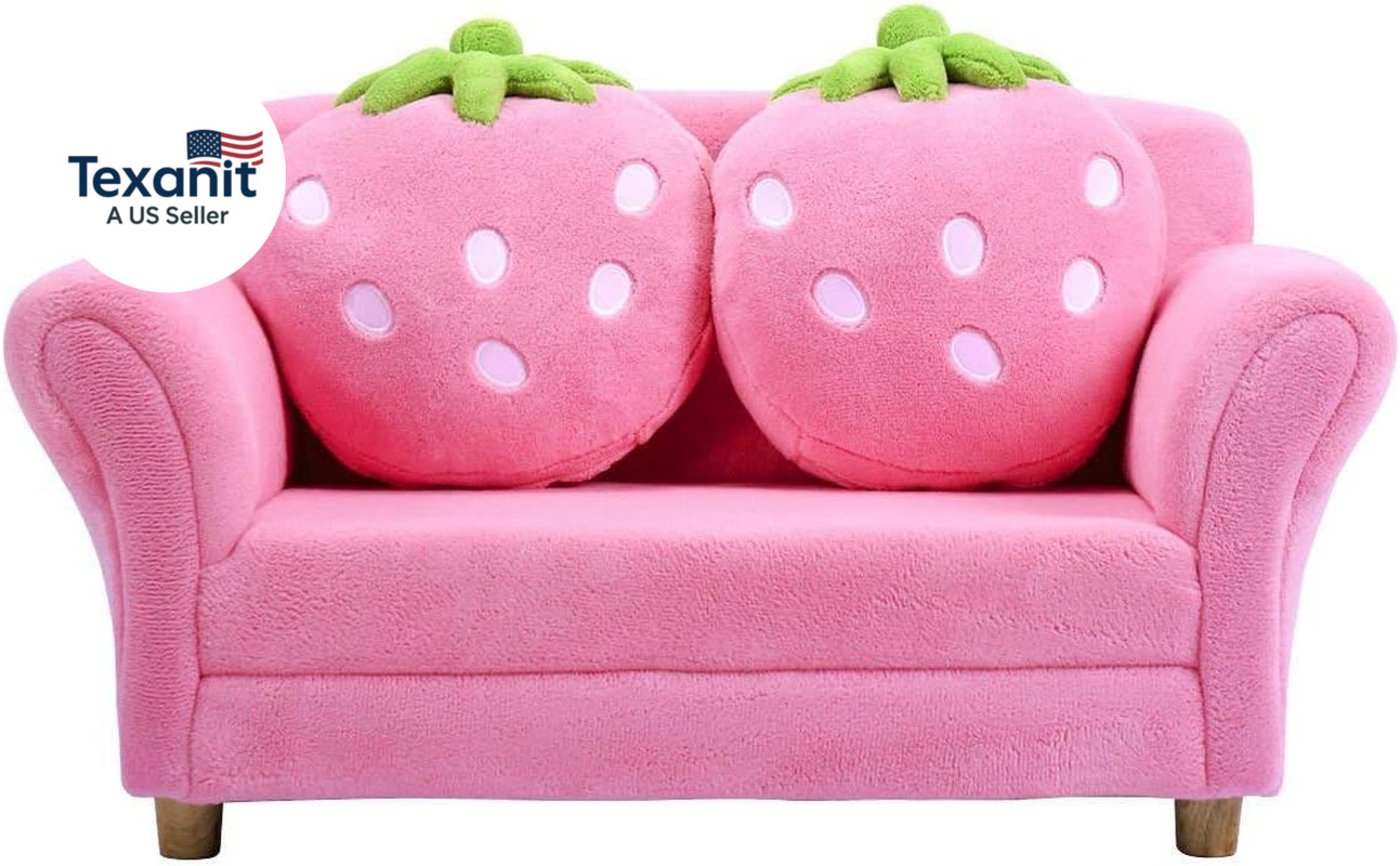 Kids Couch, Double Seat Pink Children'S Sofa with 2 Strawberry Pillows, Toddler