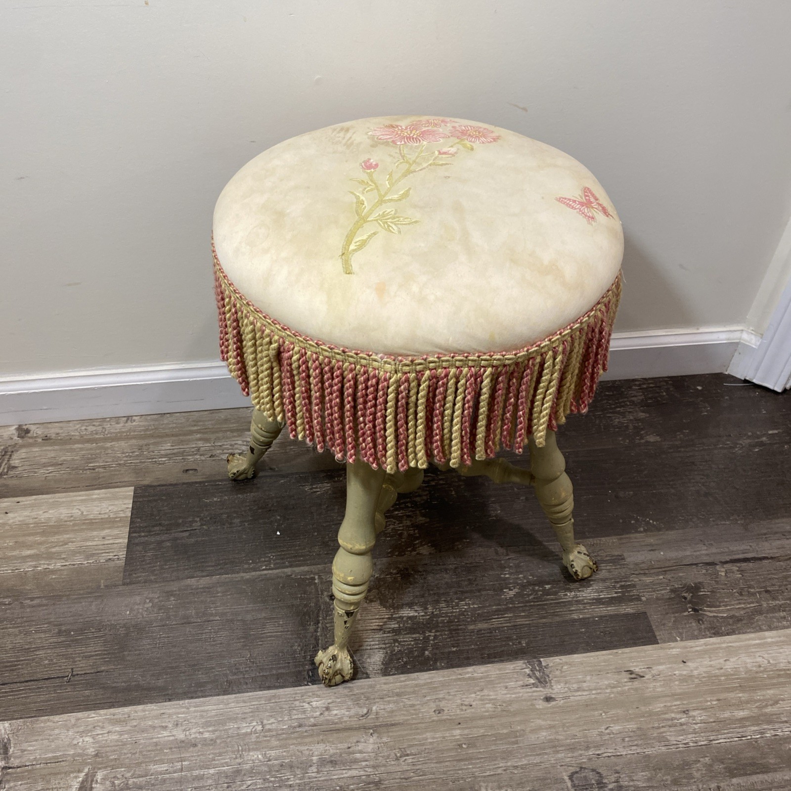 H Holtzman Sons Antique Adjustable Wood Piano Stool Glass Claw & Ball Feet