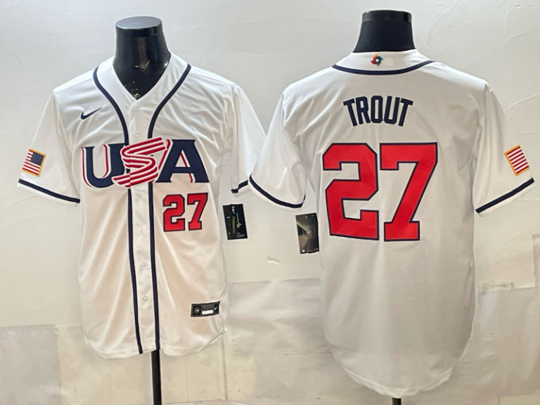 Mike Trout Stitched #27 USA Jersey White/Blue USA Legend Captain America
