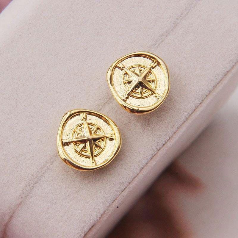 2Pairs 18K Gold Plated Brass Compass Stud Earrings Connector GMR504