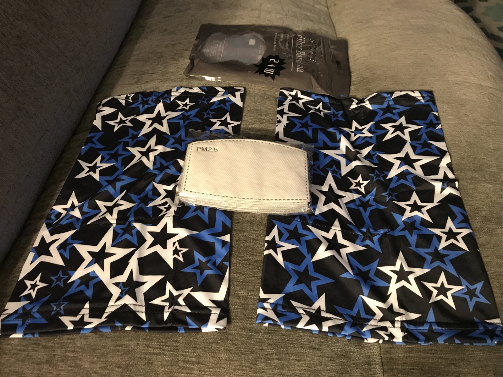 Neck Gaiter 2 Pack  W-(10)Filters  Black w blue/white stars NEW Unisex Genovega