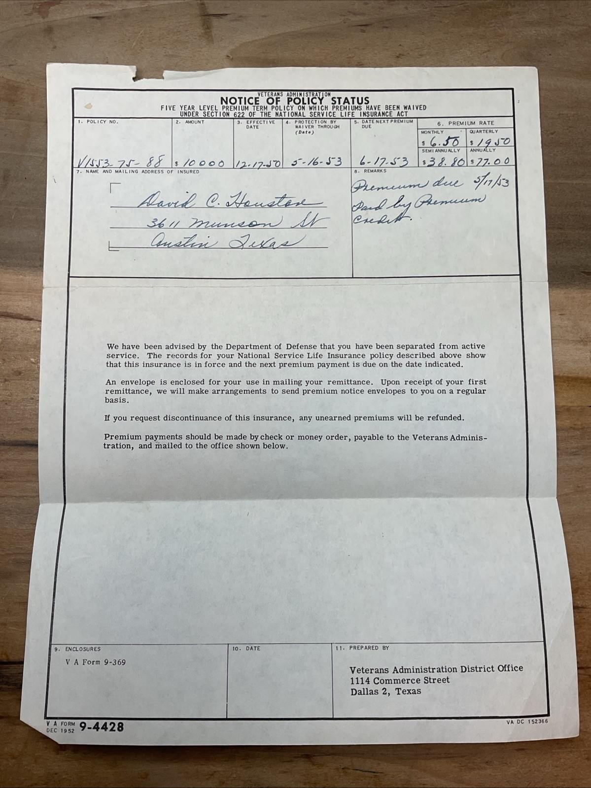 1953 Veterans Administration Policy Status Form 9-4428 David Houston B14