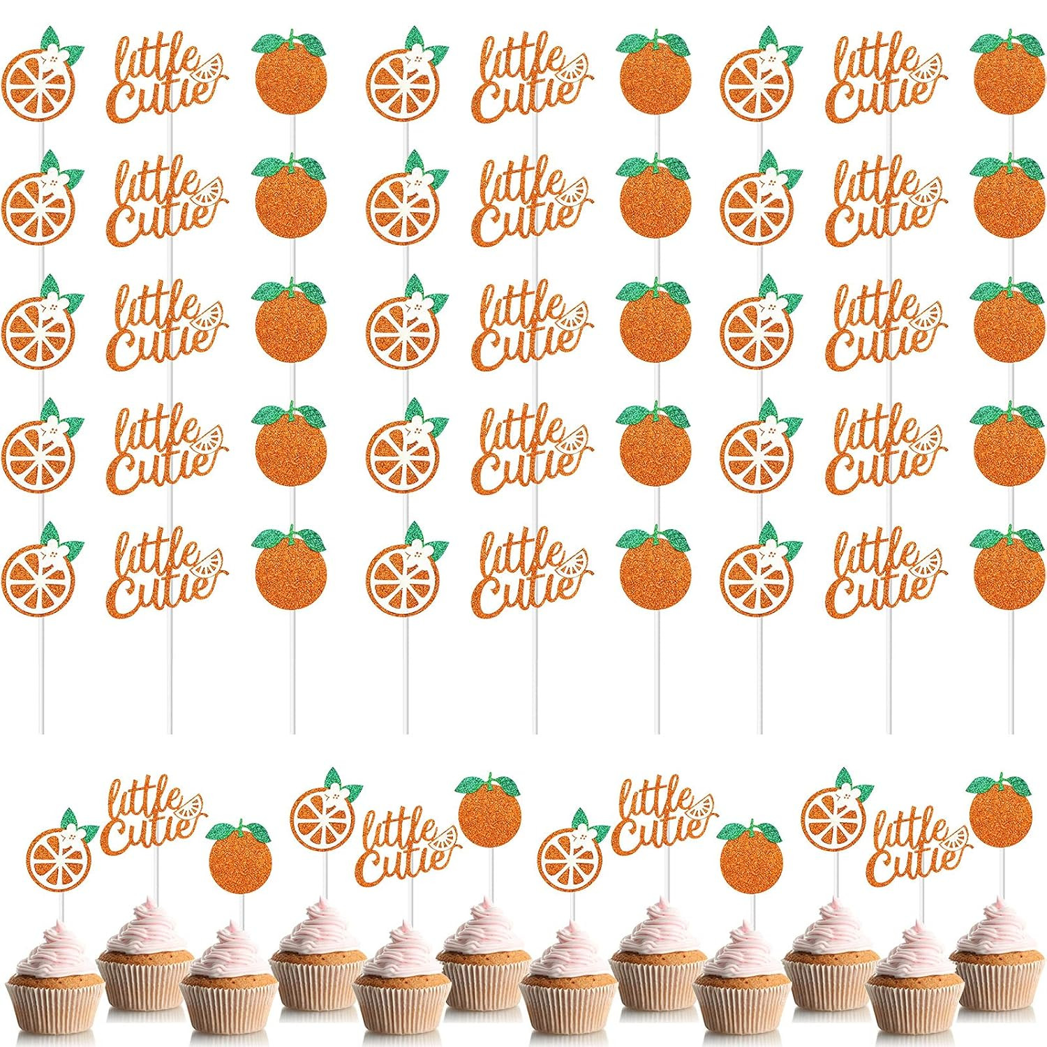 48 Pcs Baby Shower Glitter Cupcake Toppers Tangerine Citrus Theme Party Favors