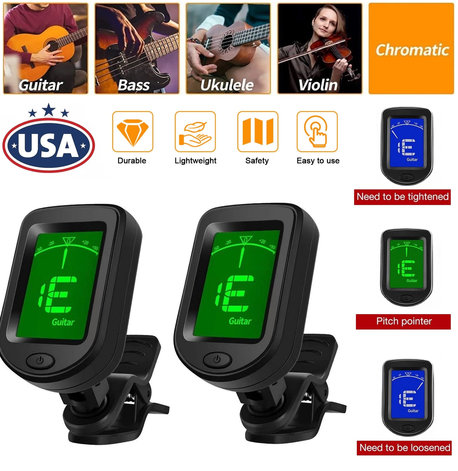 2× LCD Clip On Chromatic Acoustic Electric Guitar Bass Ukulele Banjo Violin Tune