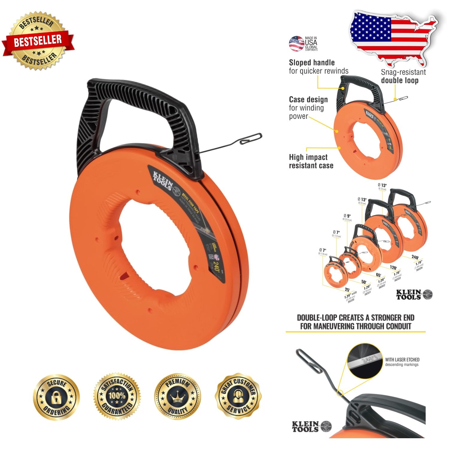 Durable 240ft Steel Fish Tape 1/8" Wire Puller High Carbon Strength Made in USA