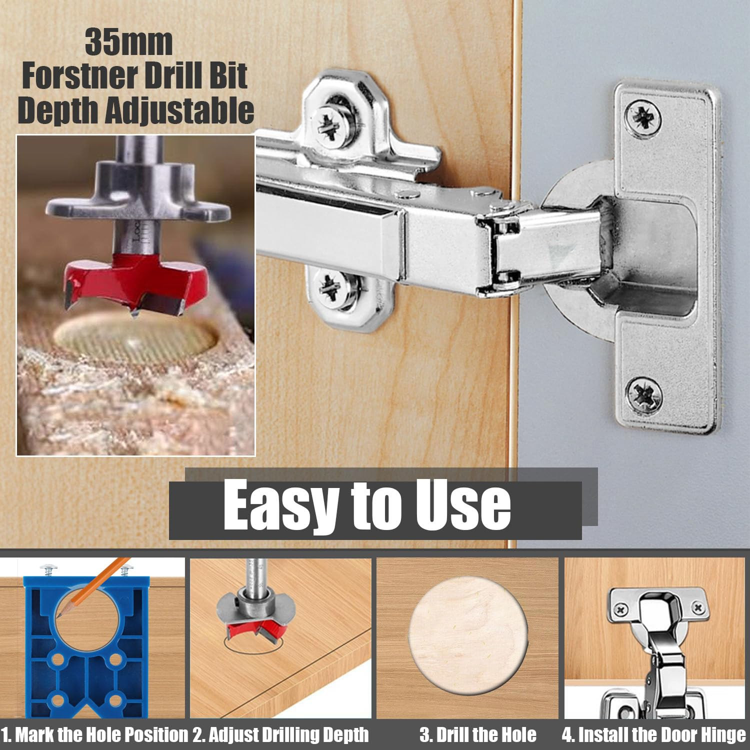 Yakamoz 35Mm Concealed Hinge Jig Kit - Adjustable Depth Carbide Forstner Drill