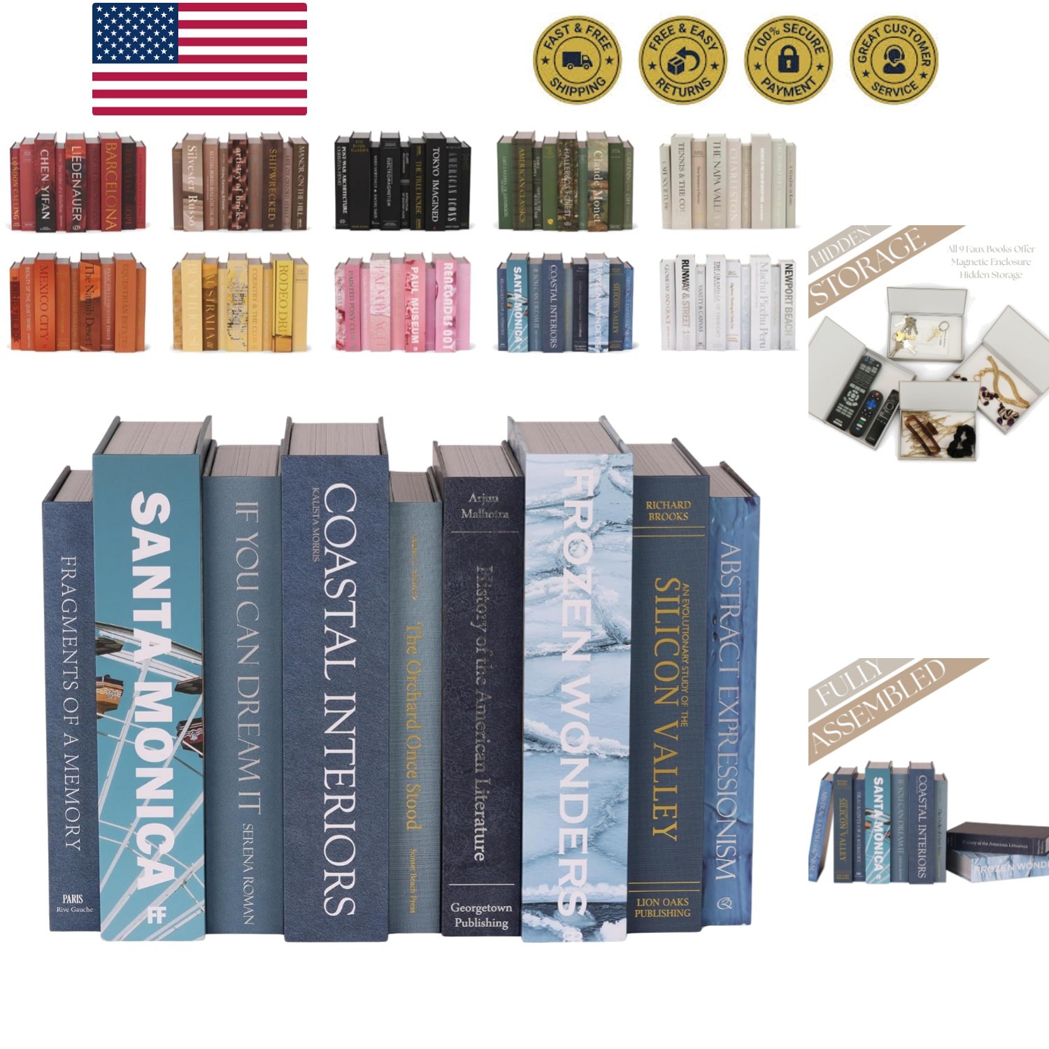 Blue Faux Books Set of 9 - Hidden Storage Fake Books Ideal for Coffee Table, ...