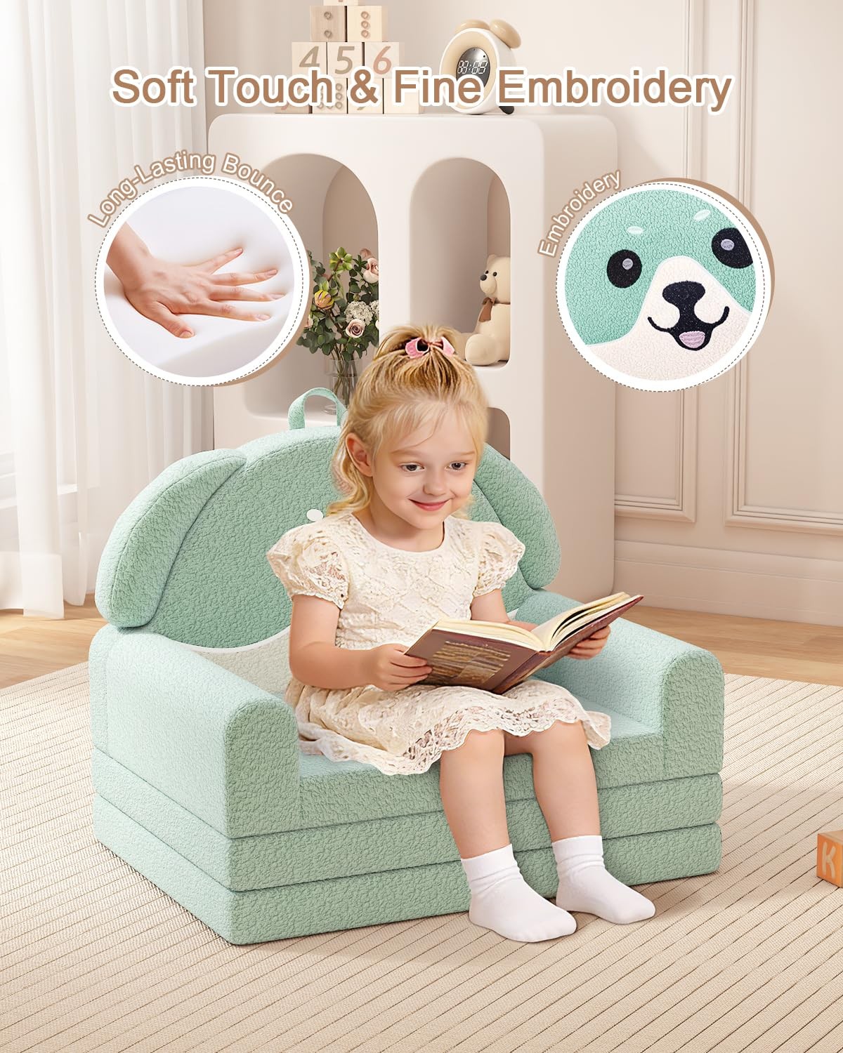 2-in-1 Kids Couch, Soft Toddler Couch Fold Out for Girl and Boys, Dog Design ...