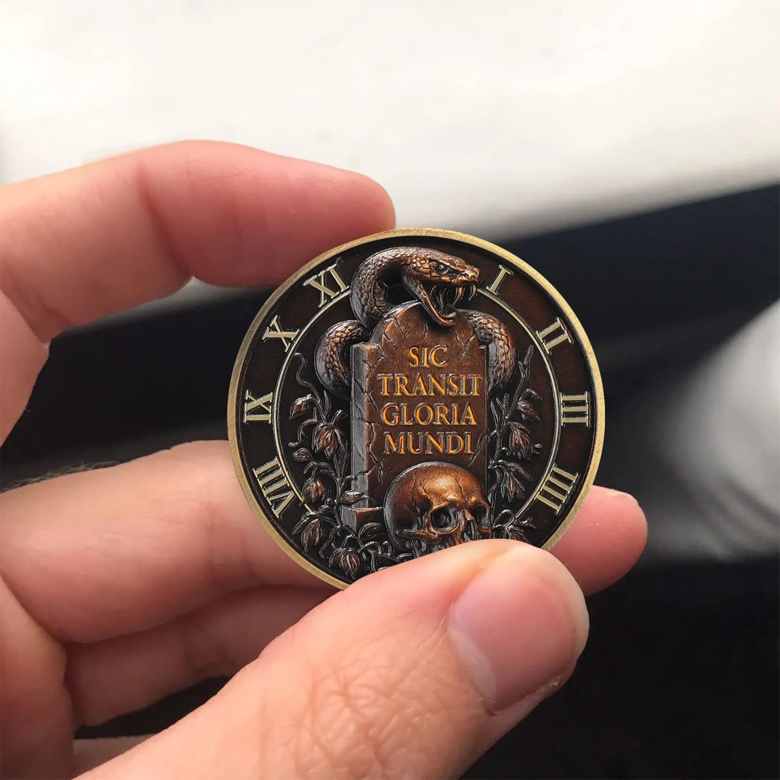 Stoic Hourglass Memento Mori Coin - Time Is Up - Skull And Snake Challenge Coin